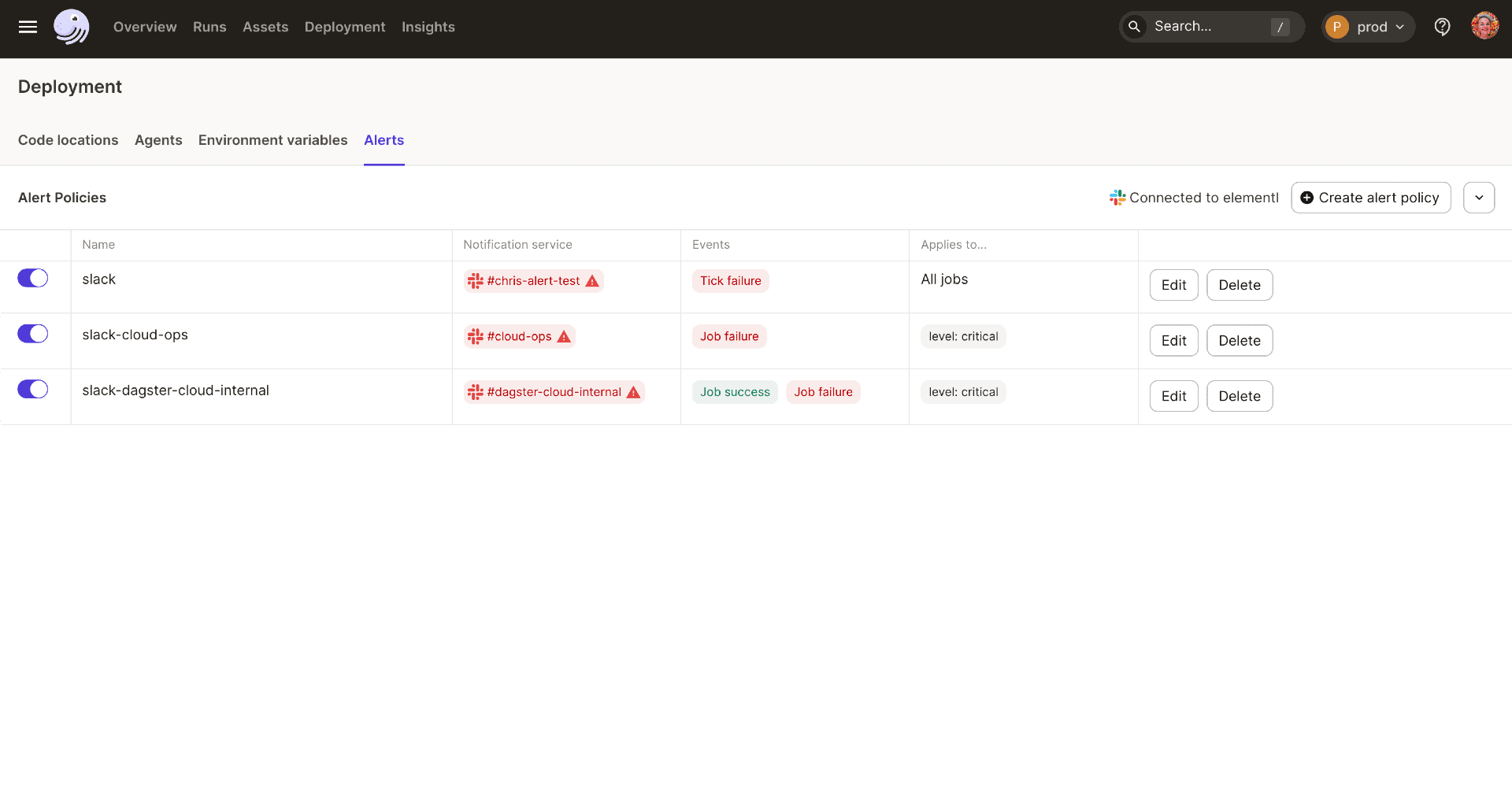 UI Dagster+ Deployment - Alerts tab