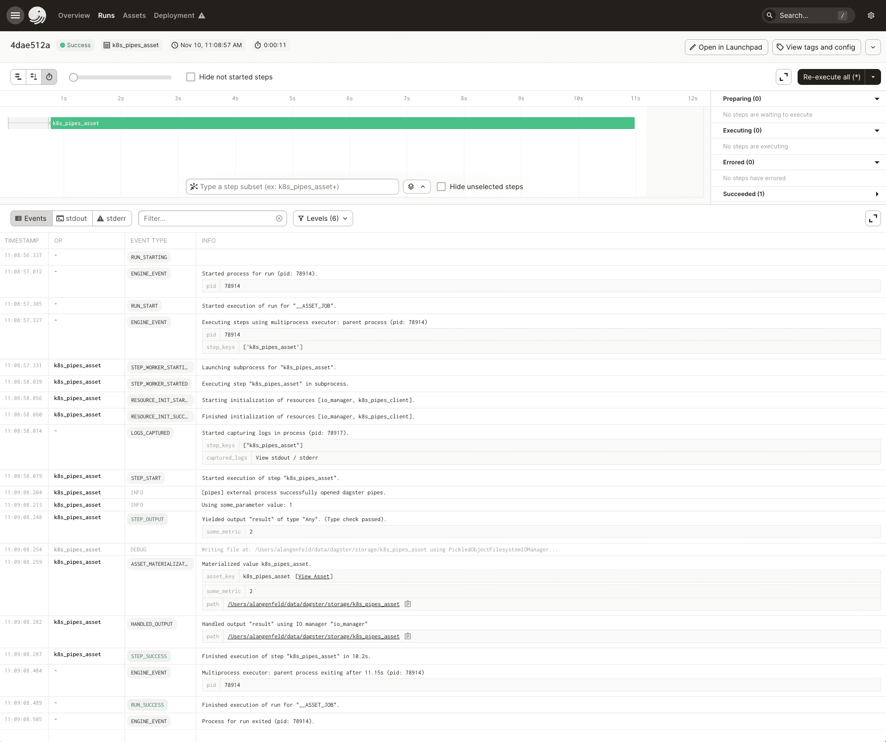 Event log for Kubernetes run