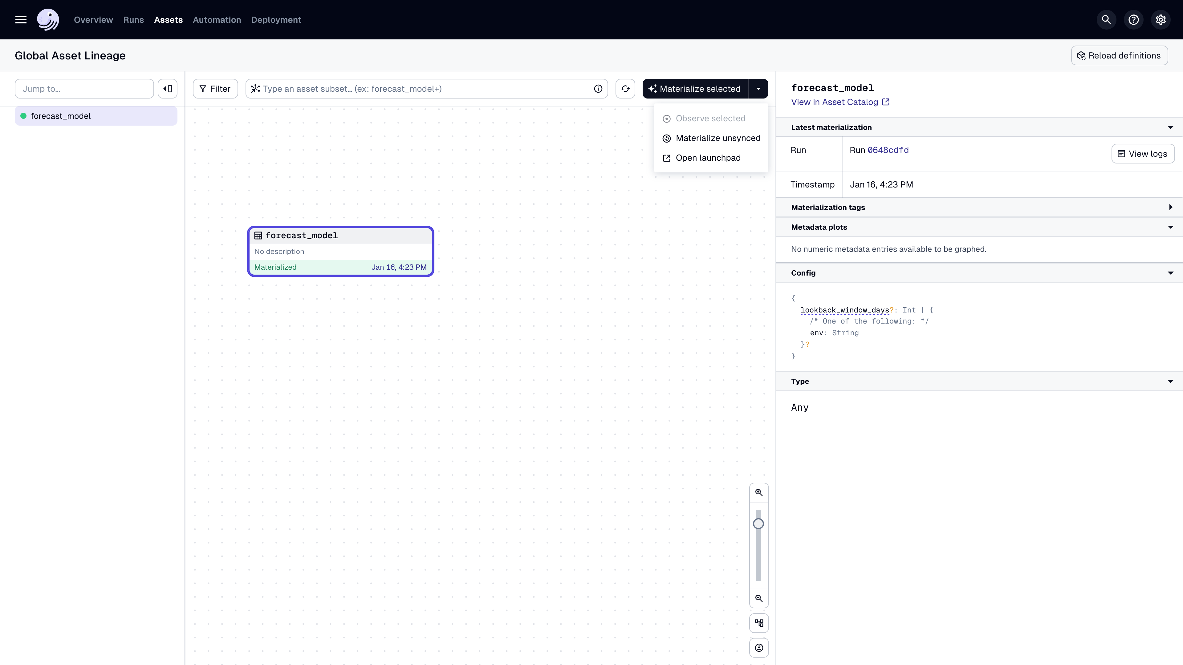 Highlighted Open Launchpad option in the Materialize options menu of the Dagster UI